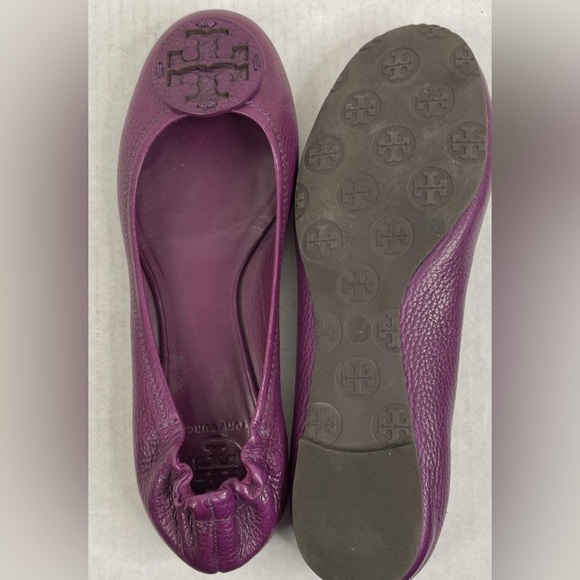 Tory Burch Purple Pebbled Leather Slip-On Emblem Cap Ballet Flats 8M - Picture 4 of 16